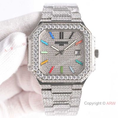 Full Iced Patek Philippe Cubitus 45mm Diamond Dial Rainbow Sticks Luxury Watch